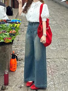 American Retro High เอว ขากว้าง กางเกงยีนส์ ผู้หญิง ฤดูร้อน ใหม่ หลวม พรางหุ่น หลากหลาย ตรง หลวม ความยาวพื้น กางเกง