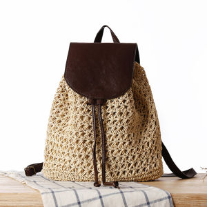 Summer New Style Womens Trendy Double Shoulder Paper Rope Woven Bag Casual Vacation Beach Handheld Forest System Backpack