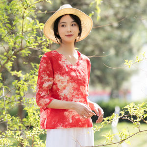 Retro Artistic Pure Flax Tie Dye Print Loose Slimming Lightweight Breathable V Neck Top Versatile Overhead Shirt for Women