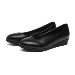 รองเท้าทำงานผู้หญิง ส้นแบน หนังสังเคราะห์ พื้นยาง ทรงหัวมน รองเท้าทำงานแบบสวมสบายสำหรับพนักงานโรงแรมและร้านอาหาร