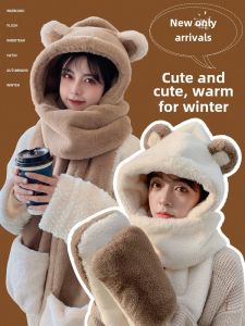 Cute Bear Hat Scarf Combo Womens Winter Neck Warmer 2025 Trendy Hooded Girls Plush Warm Neck Cover Winter Fashion Accessories