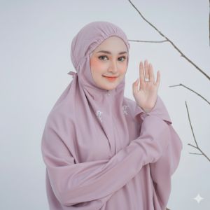 Mukena terusan Travelling Katun Premium Jumbo. Mukena Lajuran Putih Motif Print