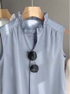 French Blue Lace Collar Vest Womens Inner Wear Base Shirt Layered Sleeveless Shirt Top Outerwear Stand Collar Open Cardigan