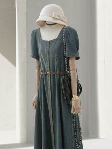 Retro Blue เดนิม เดรส ผู้หญิง ฤดูร้อน New Style Tea System Square ปกเสื้อ Bubble Sleeve เอว Cinching Slim Long เดรส
