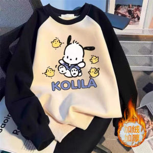 Girls Fashionable Color Block round Neck Fleece Lined Sweatshirt with Kuroko Print Warm Outerwear Cute Versatile Autumn Winter Clothes