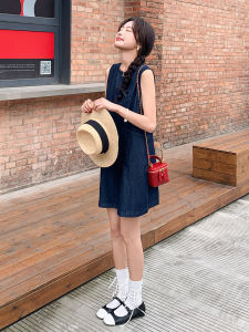 หวาน ฤดูร้อน แขนสั้น เดนิม เสื้อกั๊ก เดรส ผู้หญิง Mini กระโปรงทรงเอ พรางหุ่น Effect No-Bust Style High เอว คอกลม เดรส