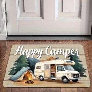Tấm Thảm Trải Sàn Trong Nhà VIKAMA Happy Camper RV Họa Tiết Xe Cắm Trại Cổ Điển Lều Cây Thông Chống Trơn Trượt Thấm Hút Dùng Cho Cửa Trước.