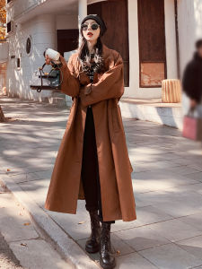 French Vintage Hepburn Style Womens Long Coat Autumn New Korean Version Street Fashion Anti-Aging Outerwear Polyester Fabric