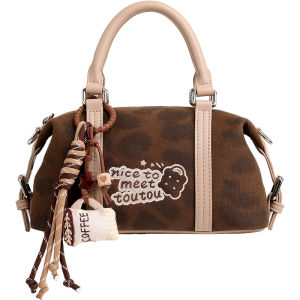 Toutou New Leopard Print Canvas Boston Bag Cute Pillow Shoulder Crossbody Bag Womens Simple Commuter Satchel Handbag