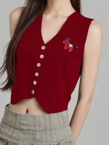 French Style V-Neck Knitted Vest Womens Sleeveless Slim Fit Top Red Versatile Casual Wear Spring Summer Fashion