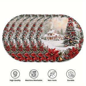 VIKAMA 6PC Christmas Snowscape Meal Mat Christmas Tree Snowhouse Red Berry Dining Table Christmas Decoration