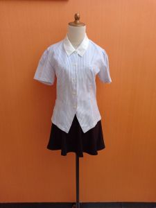atasan kemeja wanita putih salur biru MY LIMIT cewek L lengan pendek kerja kuliah japan