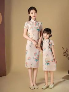 Young Mother Daughter Cheongsam Summer Dress Silk Mulberry Fabric Childrens Traditional Chinese Clothing Family Matching Outfits