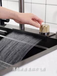 [SG Stock]Black /Silver/Grey  304 Stainless Steel Nano Kitchen Sink Waterfall Sink Single Bowl Sink With Pull Out Tap