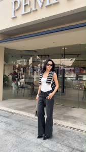 Quần jeans nữ màu xám ống suông lưng thấp Aaa Jeans