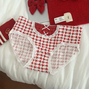 กางเกงชั้นในผ้าฝ้ายสามเหลี่ยมระบายอากาศสําหรับผู้หญิงเอวกลางสไตล์หวานลายสก๊อตฉลองสีแดงเหมาะสําหรับงานแต่งงานและนักเรียน