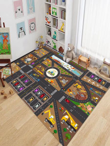 Cartoon Nursery Carpet Early Education Childrens Room Parking Lot Track Baby Pretend Play Parent Child Game Mat Modern Simple Style Home Decoration Crystal Velvet Material
