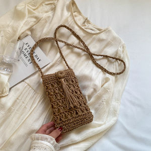 Summer Versatile High-End Feel Mini Phone Bag Womens Crossbody Basket Weave Bag Youth Vertical Fabric Pure Color Korean Style