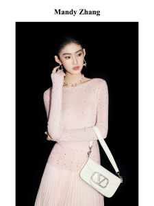 Soft Silk & Wool One-shoulder Rhinestone Pink Knit Top