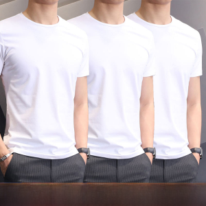 Slim Fit Ice Silk Short Sleeve T-Shirt Mens Summer Thin Elastic White Top Half Sleeve round Neck Solid Color Youth Fashion