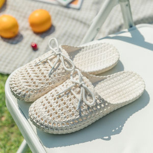 รองเท้าแตะผู้หญิงรองเท้าแตะพลาสติกปิดหัวส้นแบนใส่ด้านนอกแฟชั่นใส่ช่วงฤดูร้อนสำหรับพยาบาลหญิงตั้งครรภ์รองเท้ามีรูติดโบว์แนววินเทจ