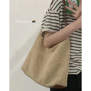 Trendy Retro Large Capacity Straw Woven Handbag Womens Summer 2025 New Style Casual Shoulder Bag Basket Bag Soft Fabric Zipper Closure