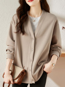 Womens V-Neck Hoodless Sweatshirt Cardigan Spring Autumn Large Size Fashionable Korean Style Long Sleeve Solid Color Top