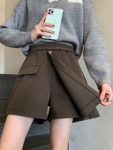 Slimming A-Line Mini Skirt in Woolen Fabric for Women High Waist Commuter Korean Style Short Skirt Asymmetric Button Detail