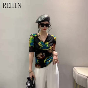 Rehin Thời Trang in hoa V Cổ lưới xếp li Hot Khoan Ngắn Tay T-Shirt áo có hoa văn Áo Cho Phụ Nữ