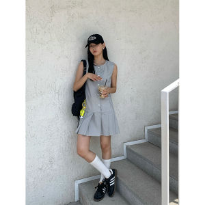 Váy Midi Không Tay Màu Trơn Xếp Ly Phong Cách Hàn Quốc Mùa Hè 2025 Váy Cotton Dệt Kim Cạp Rộng Cho Nữ