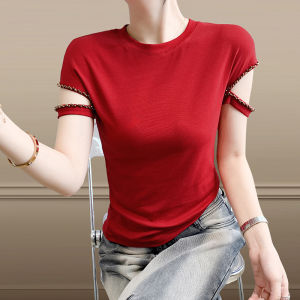 Áo thun đeo vai màu xanh lá mùa hè Yimei áo cotton cổ tròn tay ngắn đính hạt móng tay rỗng cho nữ thiết kế ôm vừa áo thun ngoại cỡ co giãn 2025