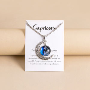 Vintage 12 Zodiac Sign Moon Pendant Necklaces Galaxy Star Glass Necklace For Women Girls Gifts