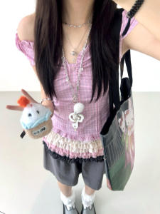 Áo Sơ Mi Nữ Tay Ngắn Cổ Chữ V Họa Tiết Kẻ Caro Phong Cách Retro American Dáng Ôm Vừa Vặn Mùa Hè 2025