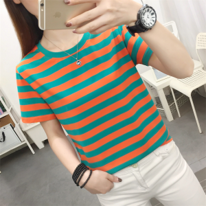 Plus Size Ladies Plus Size Loose Slimming Cotton Short Sleeve T-Shirt Womens Clothing 100.00kg Meat Hiding Summer Clothing Belly Covering Striped Tops