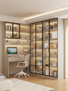 PAMEDI | Corner Integrated Study Desk With Bookshelf And Glass Door