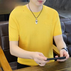 HENGYUANXIANG | เสื้อยืดคอกลมแขนสั้นถักสำหรับผู้ชาย ระบายอากาศได้ดี แฟชั่นฤดูร้อน เสื้อเชิ้ตผู้ชาย สวมใส่สบาย ทรงหลวม ผ้าฝ้ายผสมโพลีเอสเตอร์