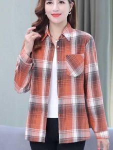 ฤดูใบไม้ผลิฤดูใบไม้ร่วงมาใหม่จัสมินมุมผ้าฝ้ายผ้าลินินลายสก๊อตเสื้อผู้หญิงหลวมพอดีกลางถึงยาวเอวสูงพร้อมกระเป๋า