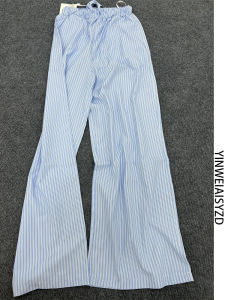 Quần Ống Rộng Kẻ Sọc Xanh Cao Cấp Cạp Cao Mùa Hè 2025 Cho Nữ Quần Dài Thường Ngày Rộng Rãi Thoải Mái