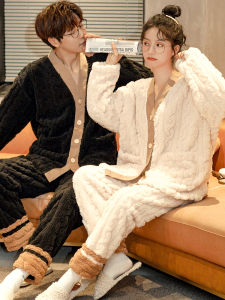 Couples Fleece Lined Thickened Winter Pajamas Womens Style Autumn Winter Home Clothes Matching Long Pants V-Neck Sleepwear