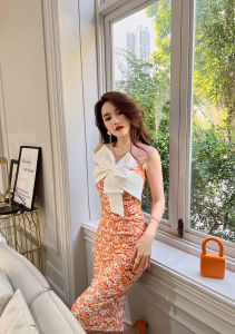 ZY·HT Summer Fashion Casual Dress Mesh Sleeveless Bow Midi Print Dress 10058 eravogue