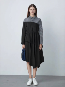 S·DEER | Đầm Áo Sơ Mi Kẻ Sọc Ghép Miếng Thắt Eo Asymmetric