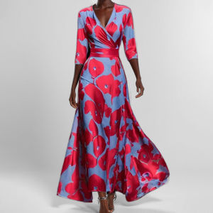 Elegant Printed Long Sleeve V-Neck Maxi Dress Womens Fashion High Waist A-Line Dress Commute Style Elegant Draped Skirt