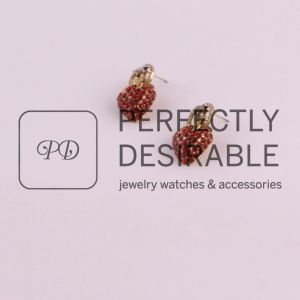 Womens Vintage G Strawberry Design Gold Earrings With Silver Needle Set With Full Red Diamonds.