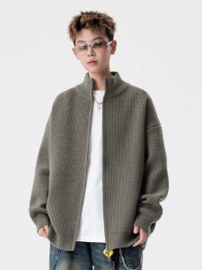 Loose Knitted Cardigan Mens Spring Autumn Fashionable Zipper Sweater Jacket Stand Collar Casual Style Youth Popular Outerwear
