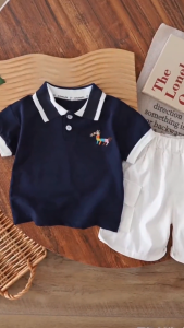 2Pcs Kids Boys Terno Set Baby Boys Clothes Set Cotton Horse Embroidery Navy Blue Polo Shirt Cargo Pocket Shorts 0‑5Y Toddler Casual Outfit For Little Boys