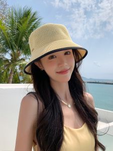 Japanese Style Straw Hat Womens Summer Sun Protection Beach Sandals Hollow Weaving Face Slim Bucket Fisherman Hat Casual Style