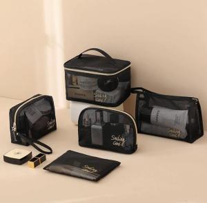 Black Mesh Toiletry Pouch Large Capacity Mesh Cloth Cosmetic Travel Bag Makeup Organizer Bag For Outdoor Travel