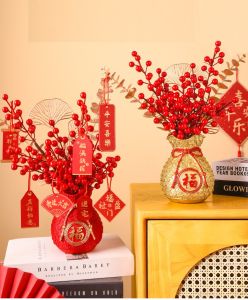 HOME BEST 1 set 2023 Chinese New Year CNY Artificial Flowers Vase Lucky Fruit Fortune Red Gold Tree Ornament 新年发财發財果客厅招财布置摆件福袋花瓶