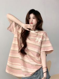 Stripe Contrast Color Short sleeve T-shirt Women Summer Sweet Unique Niche Design Loose Slimming round Neck Top T-shirt
