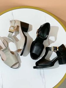 【IN STOCK】Korean style summer fish mouth casual one word buckle thick sandals for women